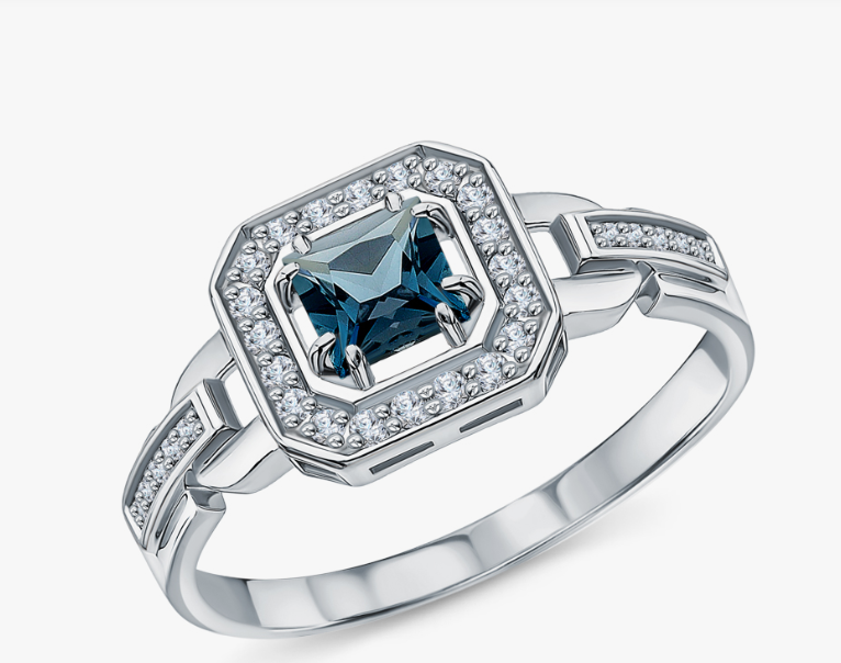 Bague en or blanc sertie de diamants naturels et de topazes naturelles
