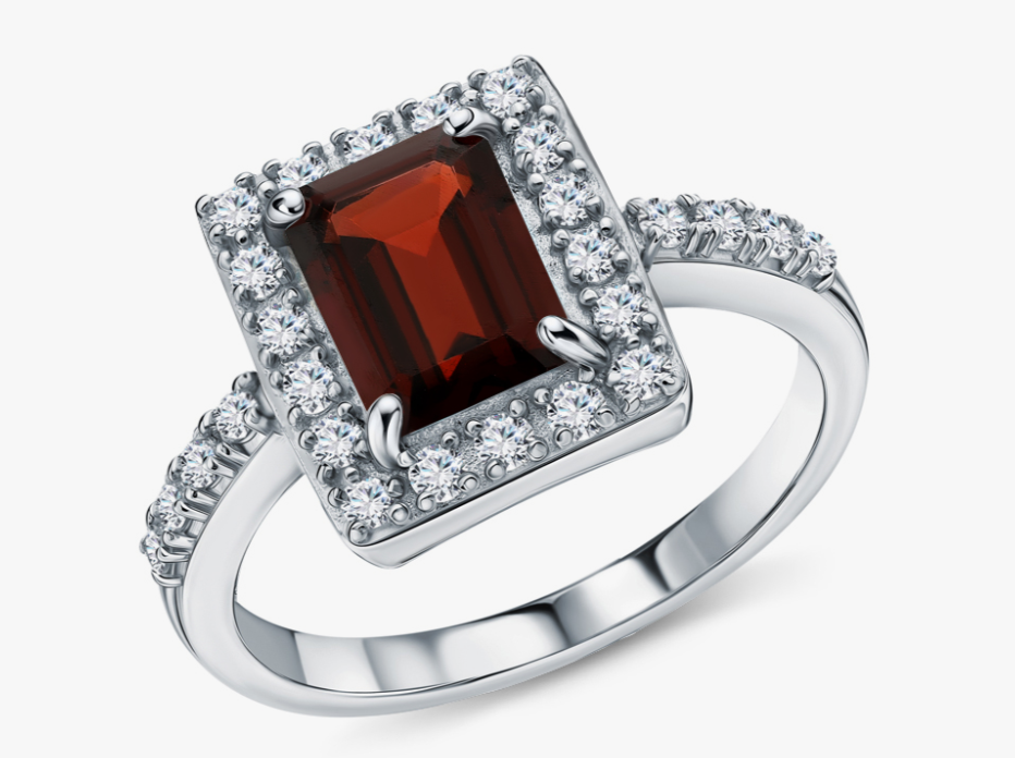 Bague en argent ornée d'un grenat naturel et d'un zircon cubique