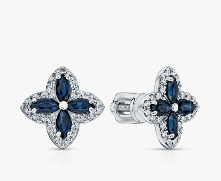 Boucles d'oreilles en or blanc serties de diamants et de saphirs naturels